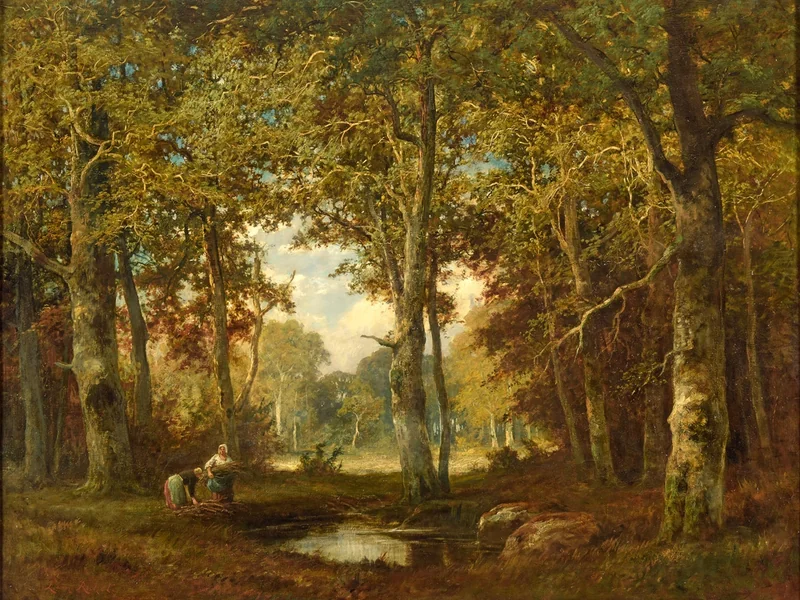 1843-Léon Richet - Paesaggio boschivo con raccoglitori di legna
